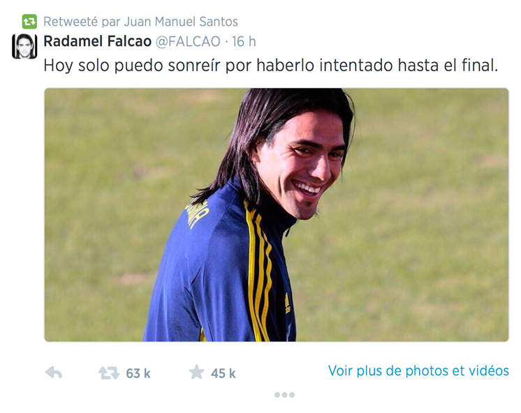 Tweet de Radamel Falcao : "Aujourd'hui je ne peux que sourire d'avoir tenté ma chance jusqu'au bout".