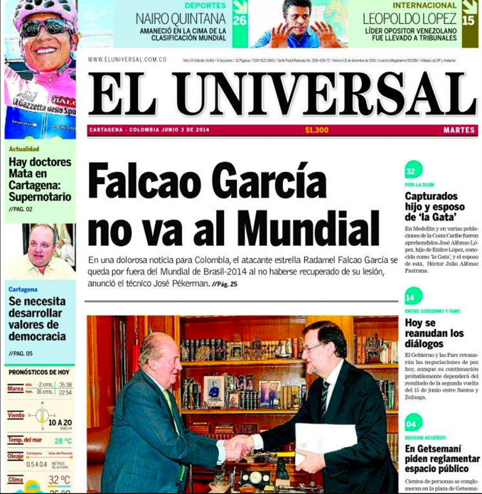 Pour El Universal, l'absence de Falcao au Mondial 2014 est une « nouvelle douloureuse pour la Colombie ».